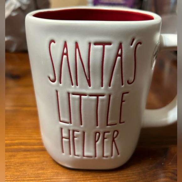 Double sided Rae Dunn Santa’s Little Helper Elf mug. Red interior asymmetrical - Picture 2 of 8